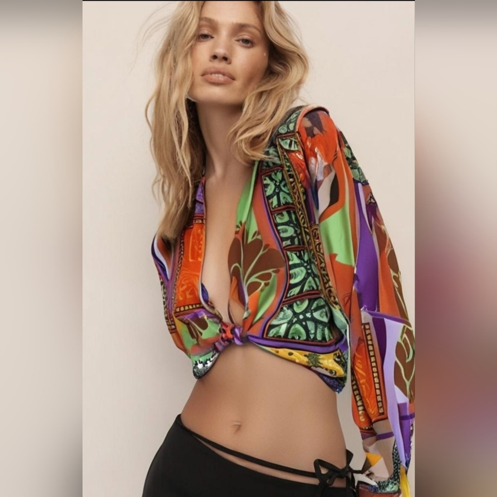 ZARA Colorful Cropped Printed Blouse-orange Multi